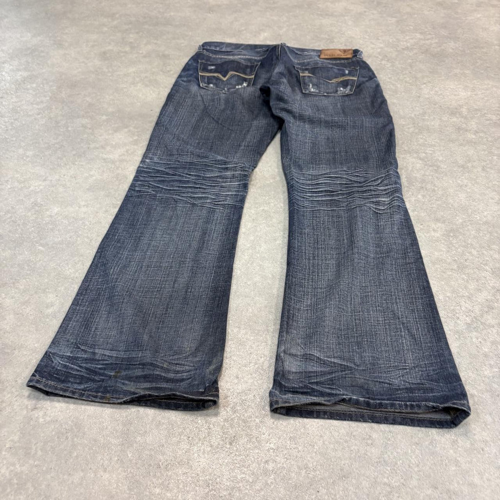 Vintage Guess Jeans Mens 36x34 Blue Denim Wash Ripple Patina Bootcut Embroidered Trousers 2000s 00s Y2K