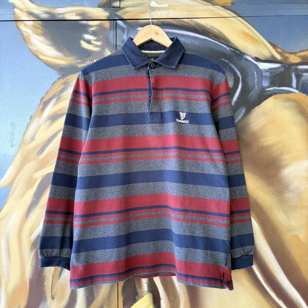 VIN2802B-U - Vintage Retro Essential Navy Grey and Red Striped Guinness Collared Rugby Longsleeve Jersey Shirt top with embroidered logo #striped #rugby #beer #jersey #guinness