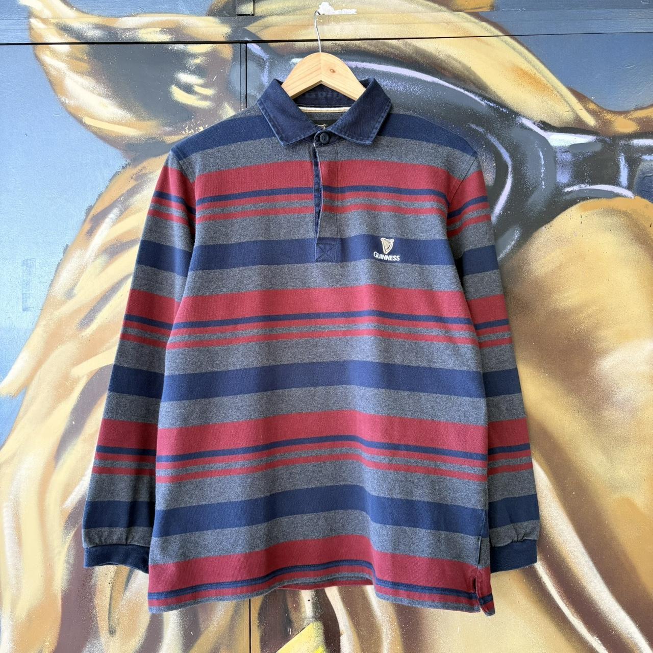 VIN2802B-U - Vintage Retro Essential Navy Grey and Red Striped Guinness Collared Rugby Longsleeve Jersey Shirt top with embroidered logo #striped #rugby #beer #jersey #guinness
