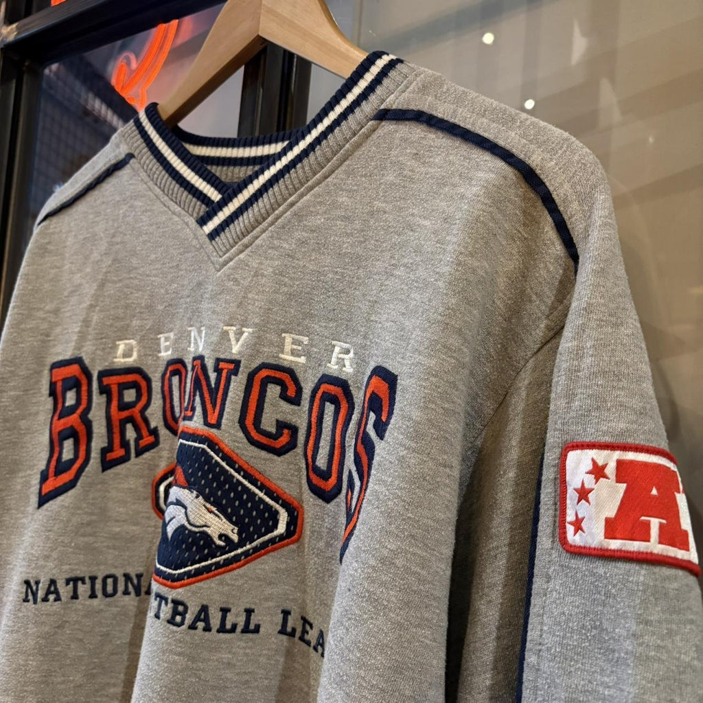 Vintage NFL Denver Broncos Sweatshirt Mens Medium Grey American Football V-Neck Jumper Top 90s Y2K