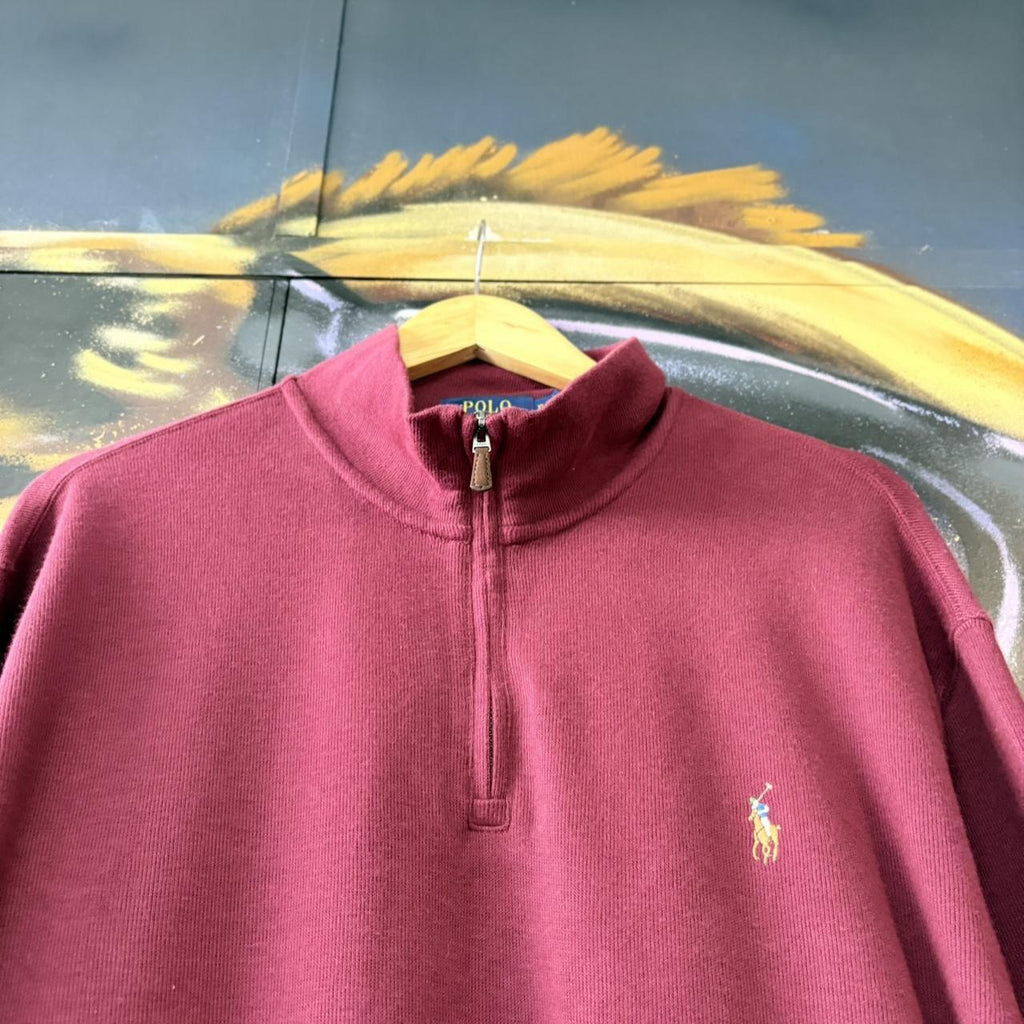 Vintage Red Ralph Lauren Quarter Zip Sweatshirt Jumper Top preppy essential smart casual with coloured spellout embroidered logo pony horse Wine maroon 00s 90s Y2K Cheltenham races horse racing old money estate rib