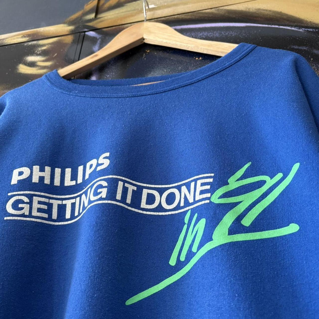 Vintage Phillips 1991 Jumper Blue Mens XL Graphic Print Tech Promo Advertising Sweatshirt Top 90s