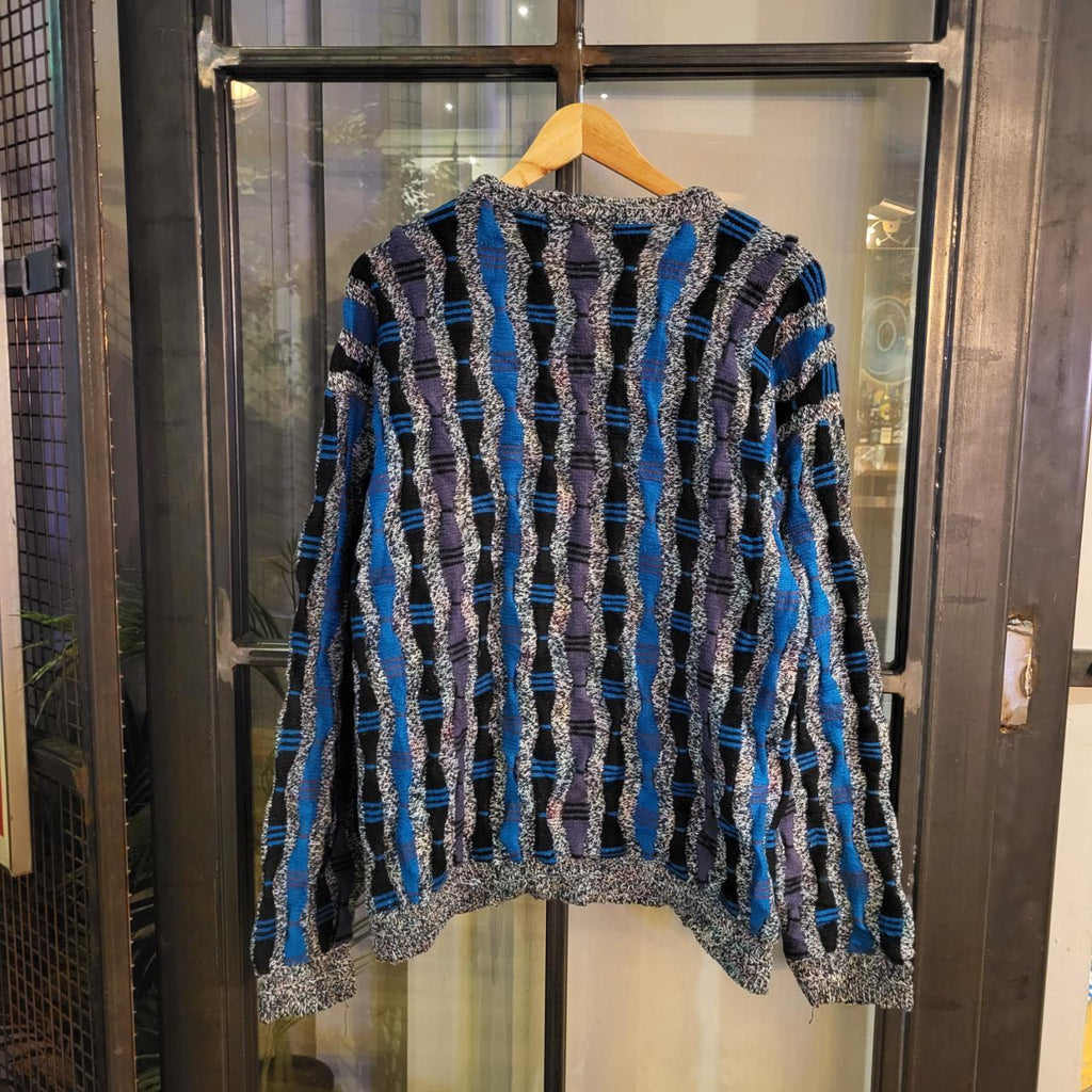 CSK003 - Vintage Retro Coogi-style Navy Blue Grey 3D Textured grandad knit Patterned Sweatshirt Knitwear sweater Jumper #hiphop #coogi #biggie #grandad #sweater