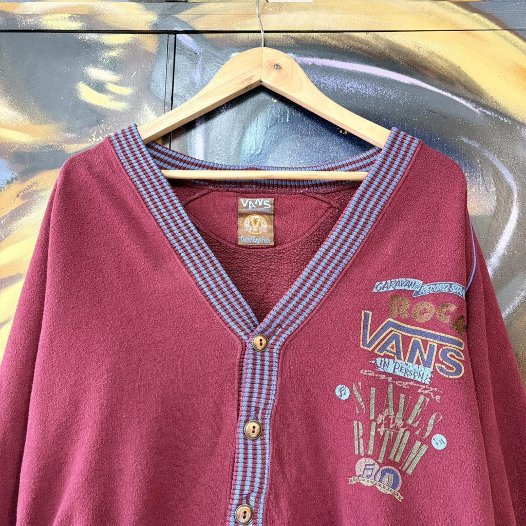 MES1102BU-U - Vintage Retro Essential 90’s Vans Burgundy V-Neck Button Up Cardigan Jumper Sweatshirt with printed logos #90s #skater #surfer #y2k #vans