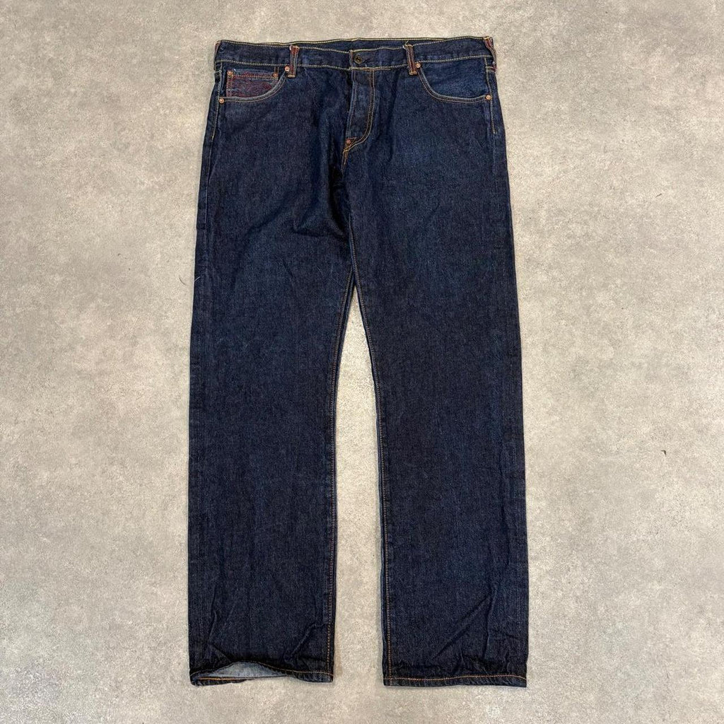 Red Monkey Company RMC Jeans Mens 40x34 Japanese Selvedge Denim Dark Blue Wash Straight Leg Martin Ksohoh Embroidered Samurai and Geisha Detailing Hip Hop Y2K