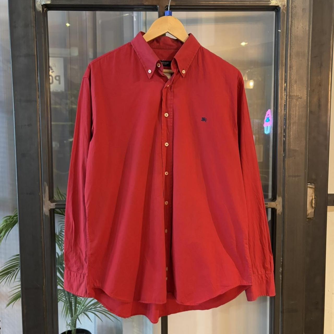 BR2804CD-F - Vintage Retro Essential Burberry Plain Red Longsleeve collared button up polo shirt top #Y2K #burberry #london #smartcasual #oldmoney