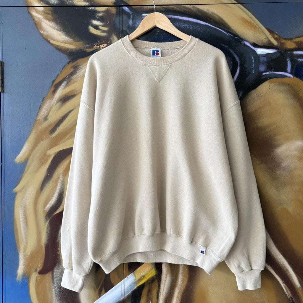 Vintage Russell Athletic Sweatshirt Mens XL Beige Blank Essential Skate Jumper Top USA 90s Y2K 2000s