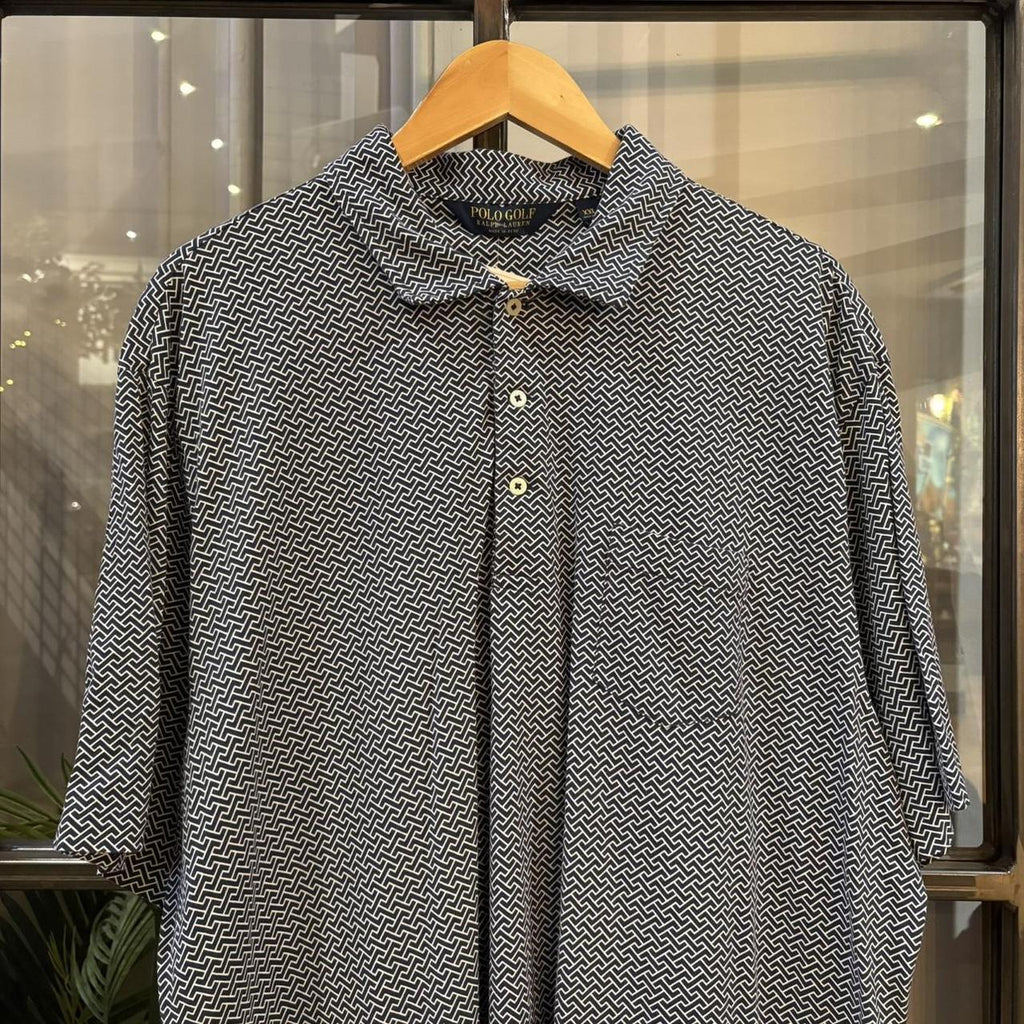 BR1912ADU-F - Vintage Retro Polo Golf Ralph Lauren Navy Geometric Pattern Pocket Polo Shirt Short Sleeve collared button up top  #Y2K #golf #chiefkeef #oldmoney #ralphlauren