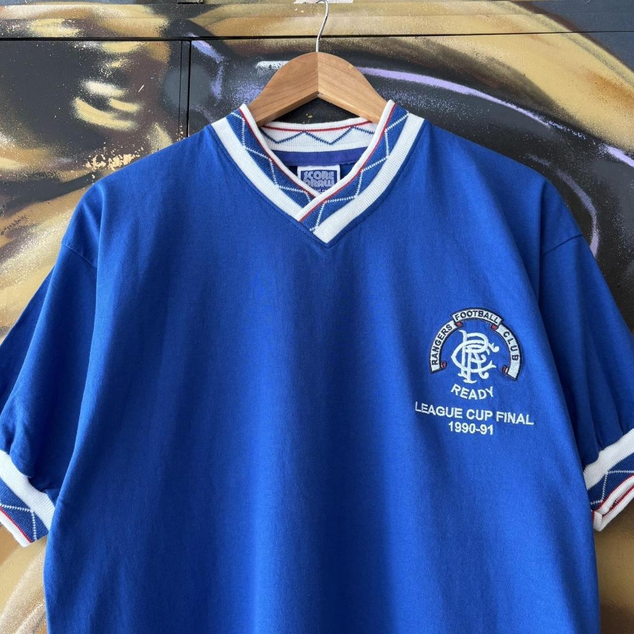Vintage Score Draw Rangers Jersey Mens Medium Blue Home 1990 1991 League Cup Final T Shirt Kit Top