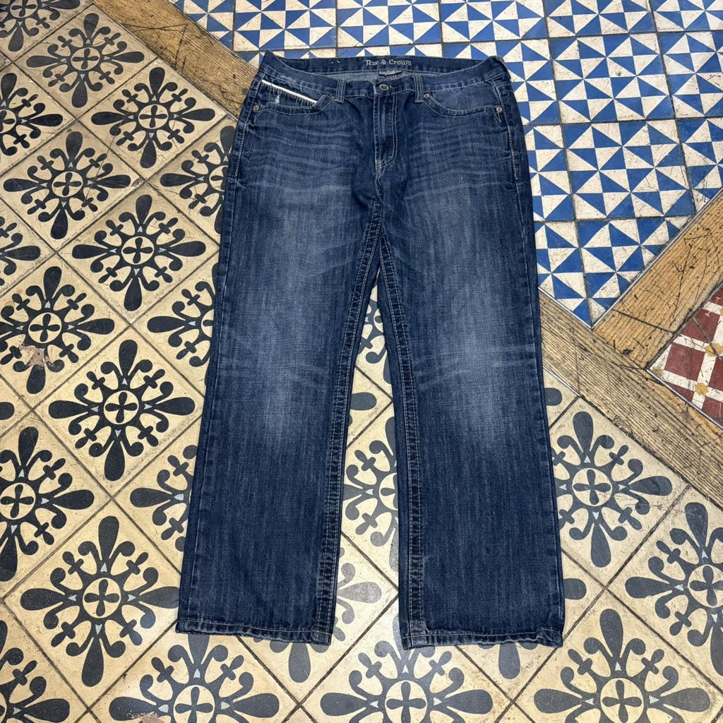 0325C95UF - Vintage retro essential Axe & Crow Dark Blue Wash Denim Jeans Trousers pants with embroidered pattern stitched detailing #denim #slimfit #axe&crow #embroidered #y2k