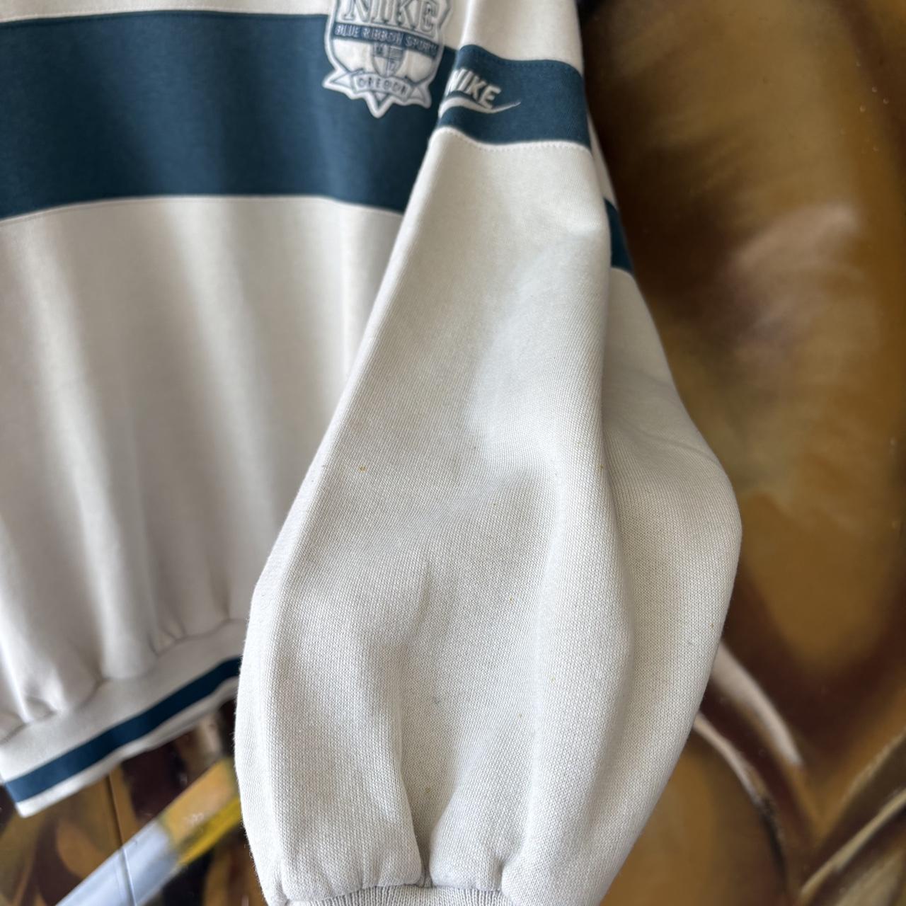 Vintage Nike Sweatshirt Mens Medium Blue Off White Blue Ribbon Sports Patch Logo Ribbed Pullover Jumper Top 90s Y2K 00s