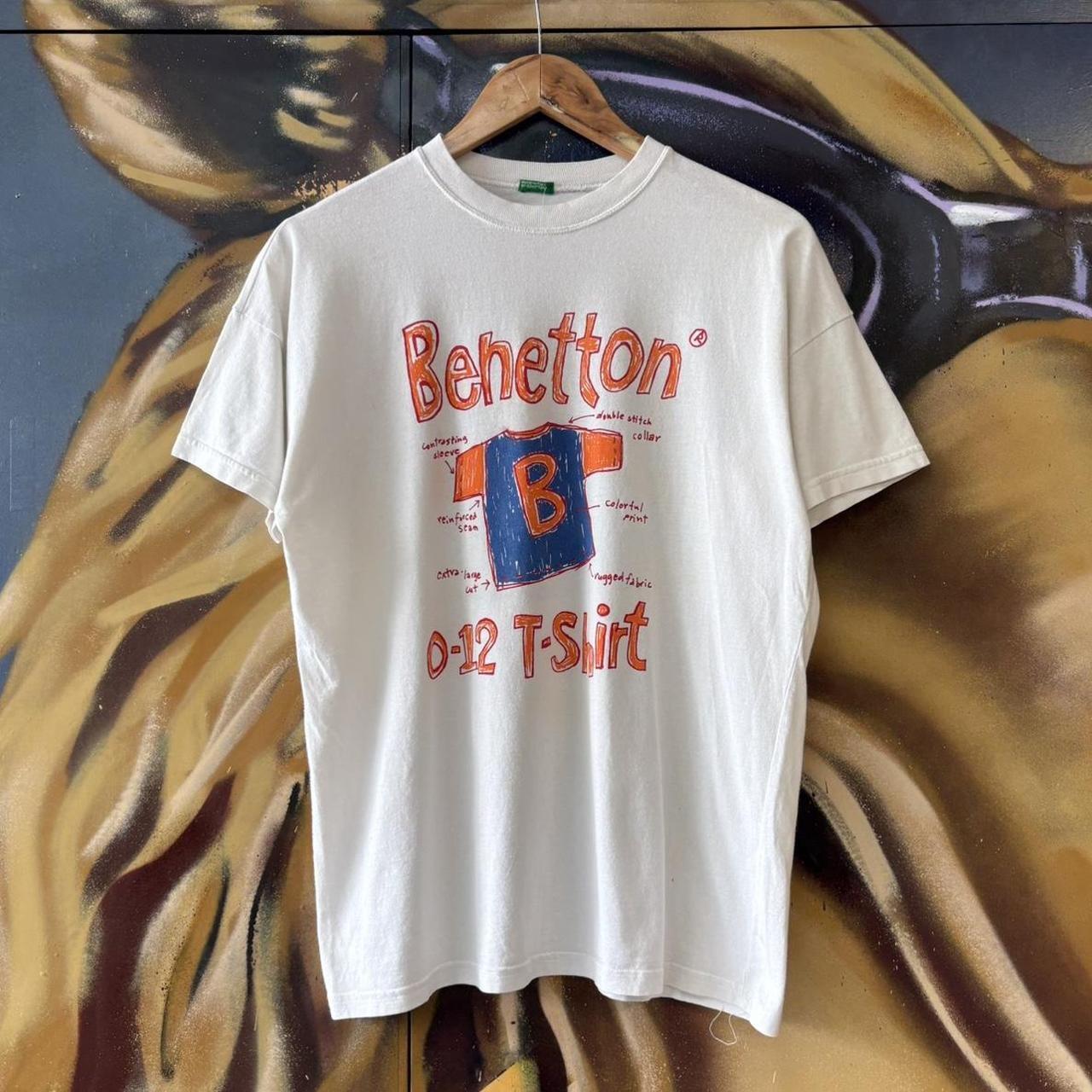 Vintage Benetton T Shirt Mens Small White 0-12 Graphic Print Logo Doodle Streetwear Tee Top 90s Y2K