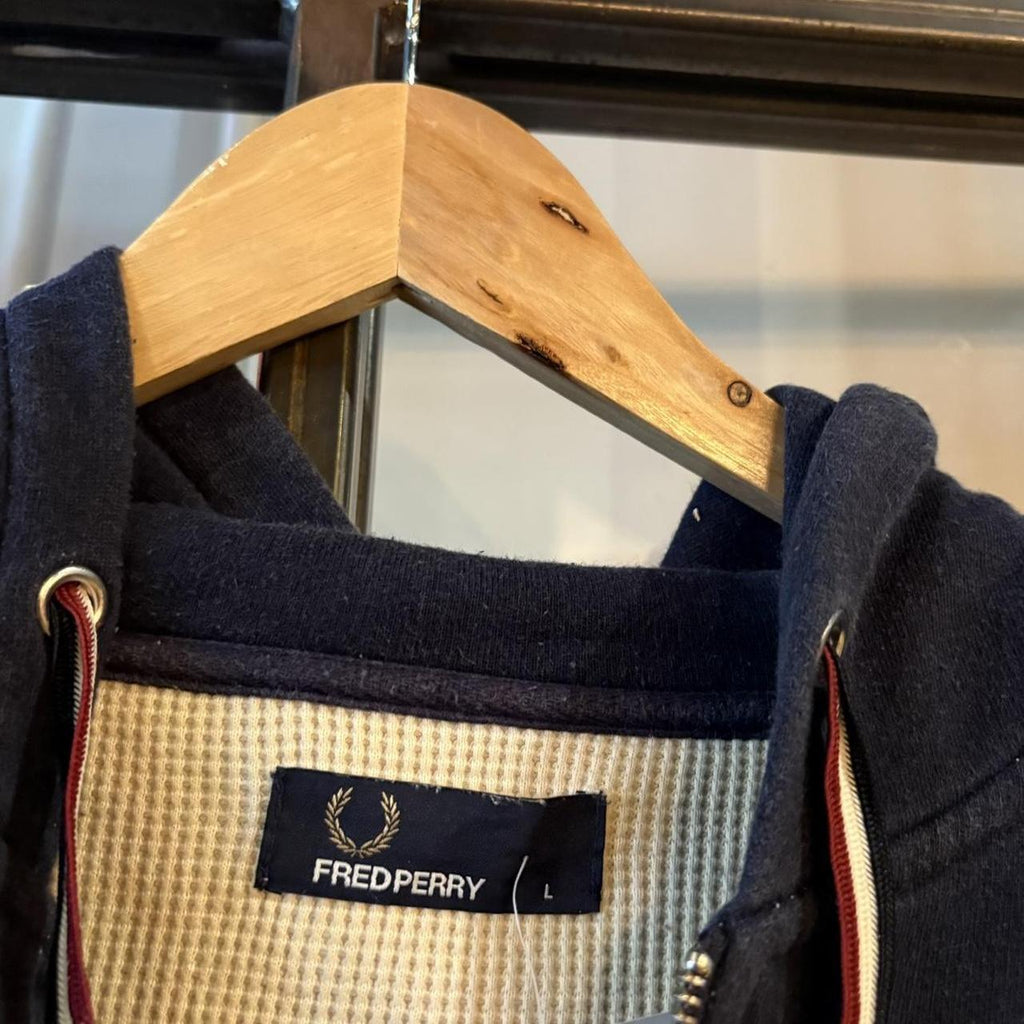 Vintage Retro Essential Navy Fred Perry Full Zip Up Sweatshirt Hoodie with embroidered logo #british #sportswear #essential #fredperry #y2k