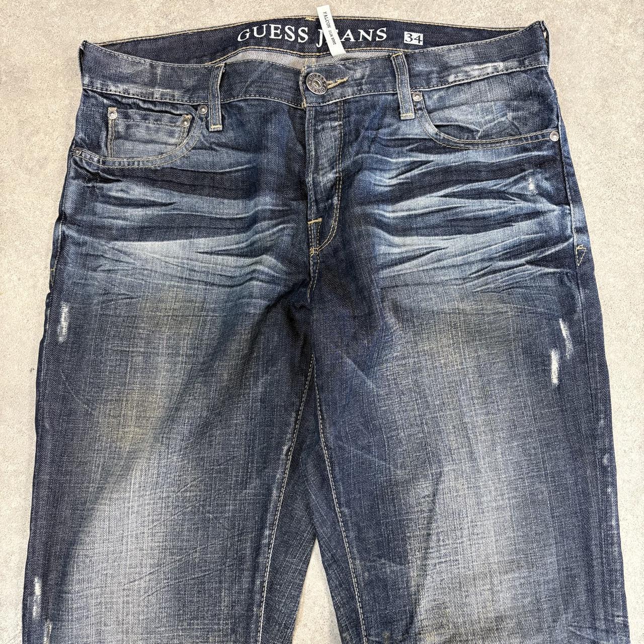 Vintage Guess Jeans Mens 36x34 Blue Denim Wash Ripple Patina Bootcut Embroidered Trousers 2000s 00s Y2K
