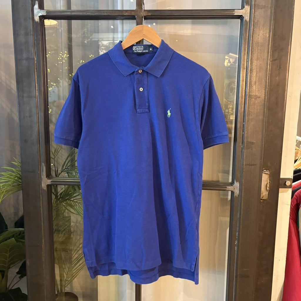 POL387F - Vintage Retro Ralph Lauren Plain Blue Polo Shirt Short Sleeve collared button up top  #Y2K #preppy #chiefkeef #oldmoney #ralphlauren