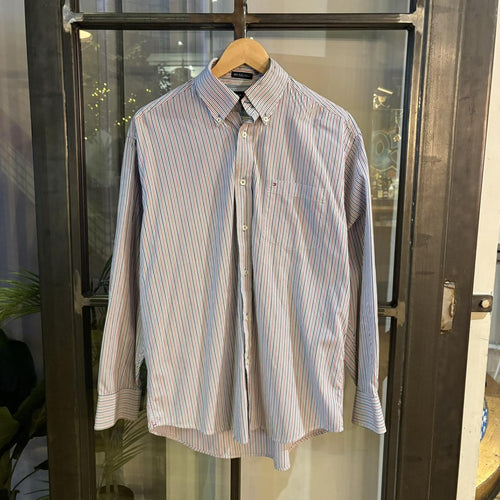 1224D65 - Vintage Tommy Hilfiger Striped Light Blue and Red Shirt longsleeve collared button up top #Y2K #preppy #chiefkeef #golf #oldmoney