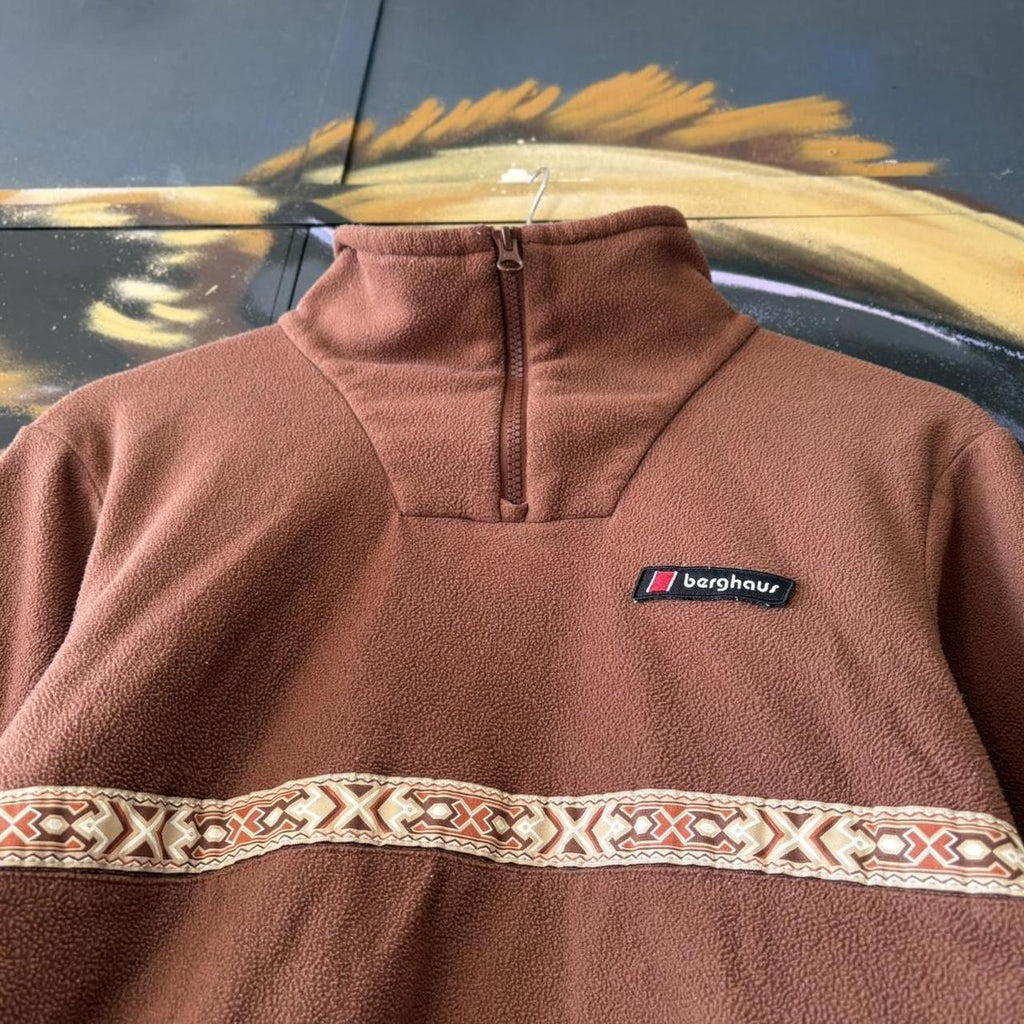 Berghaus Fleece Smock Women's Small Chocolate Brown 1/4 Quarter Zip Aztec Hiking Outdoor Top 90s Y2K