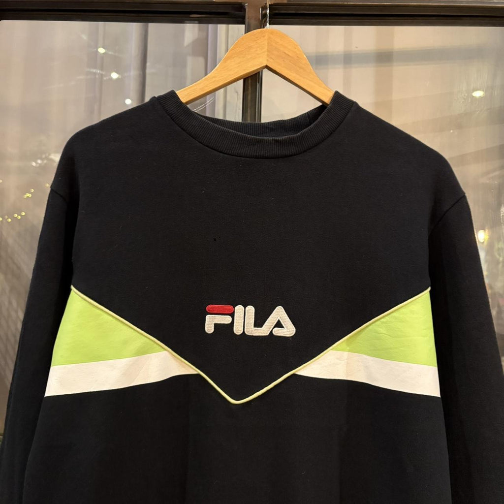 Vintage Retro Essential Black Fila Patterned Crewneck Jumper Sweatshirt with embroidered amd print logos #90s #sportswear #essential #y2k #fila