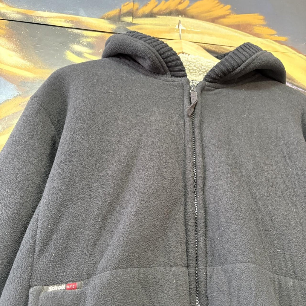 MES1102AK-U - Vintage Retro Essential Black Schott NY Blafk Sherpa Lined Sweatshirt Hoodie with embossed spell out back hit logo #90s #streetwear #schnottny #schontt #y2k