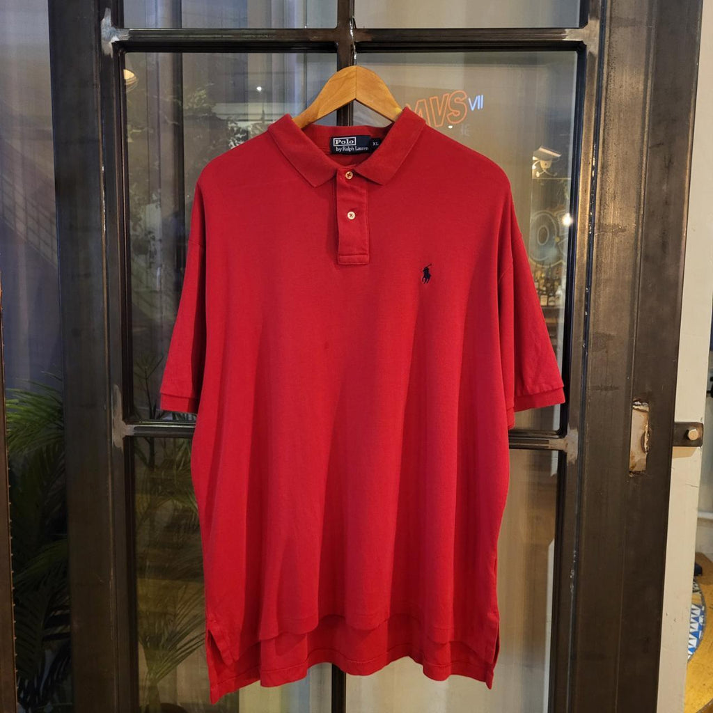 POL111 - Vintage Ralph Lauren Red Polo Shirt Short Sleeve collared button up top 90s Y2K Old Money Preppy Smart Casual style with embroidered logo of the iconic pony horse on chest