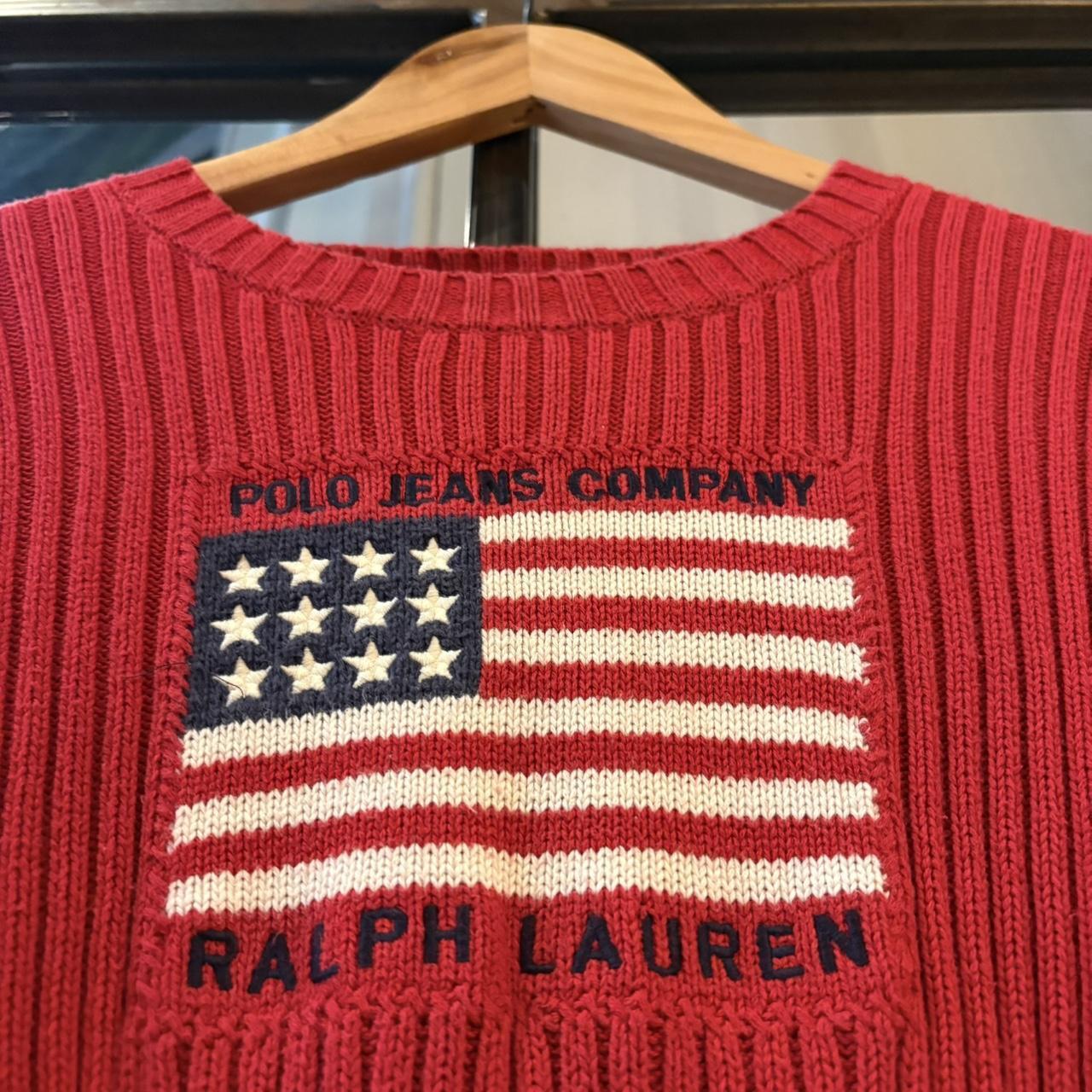 Vintage Polo Ralph Lauren Jumper Womens XL Red Ribbed Knit Sweater Top Big Flag USA Preppy 90s Y2K