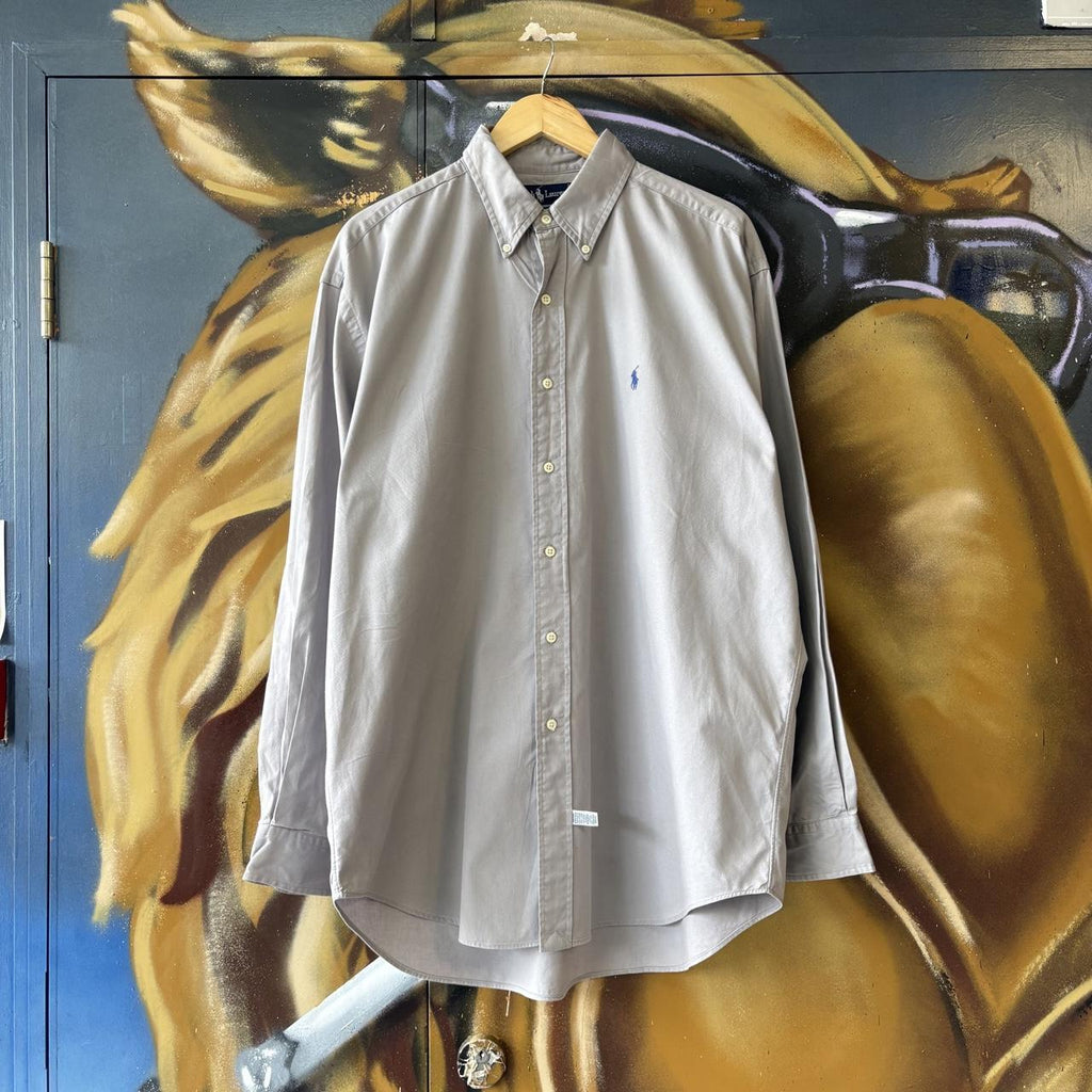 Vintage Ralph Lauren Polo Shirt Mens Large Grey Plain Preppy Pony Logo Collared Button Up Top Y2K 90s