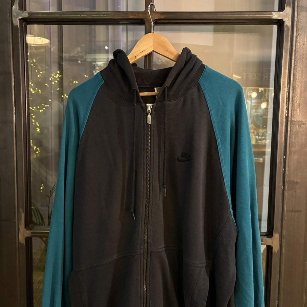 1224A39BR - Vintage Retro Essential Nike 90s X Training  Black Teal Full Zip Up Hoodie Jumper Sweatshirt with big spellout embroidered logo #90s #sportswear #essential #nike #y2k