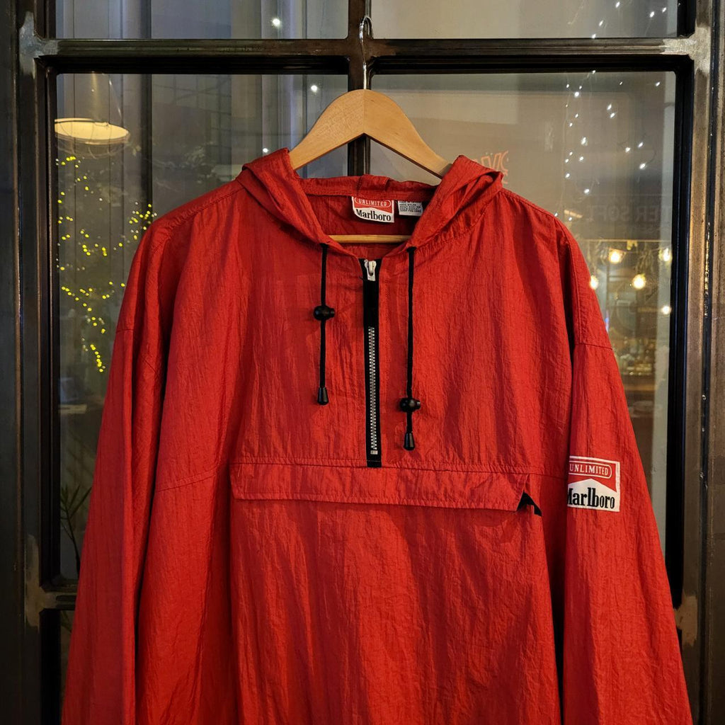 WDB041F - Vintage Retro Essential Malboro Unlimited Red Packaway Lightweight Windbreaker full zip up Jacket with patch logo on sleeve #windbreaker #lightweight #festival #marlboro #packaway