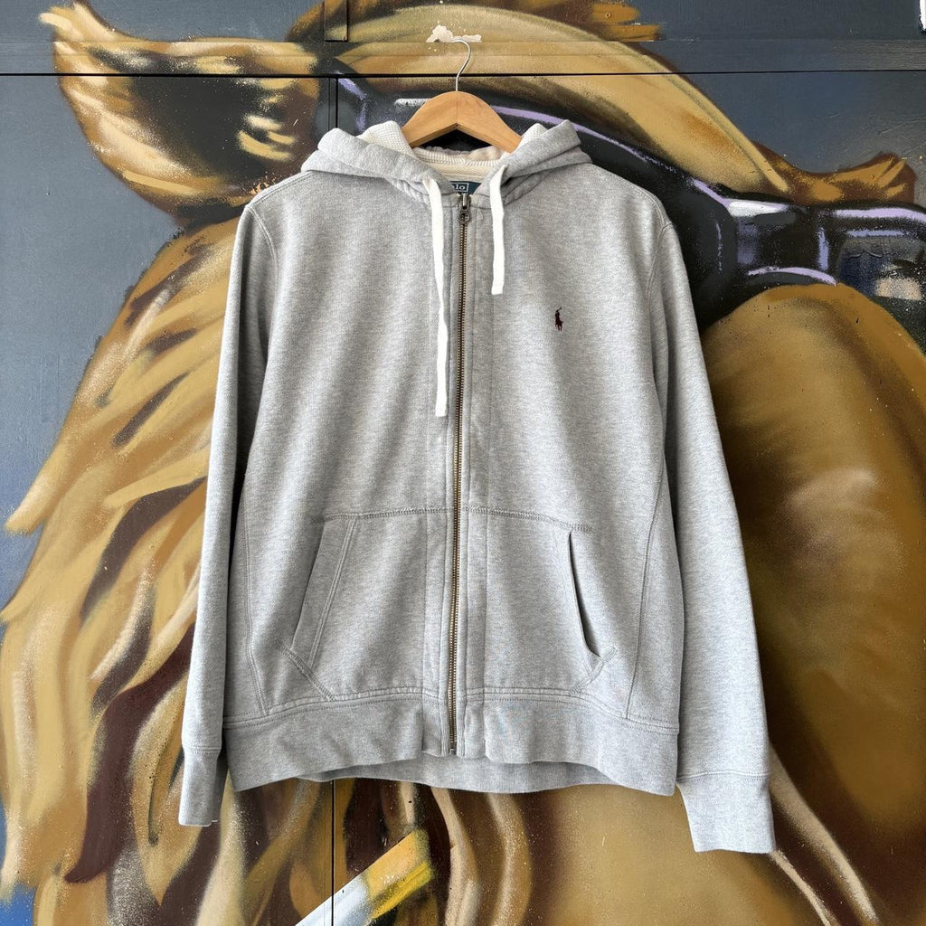 Vintage Polo Ralph Lauren Hoodie Mens Large Grey Full Zip Sweatshirt Jumper Preppy Old Money Top 90s Y2K 00s