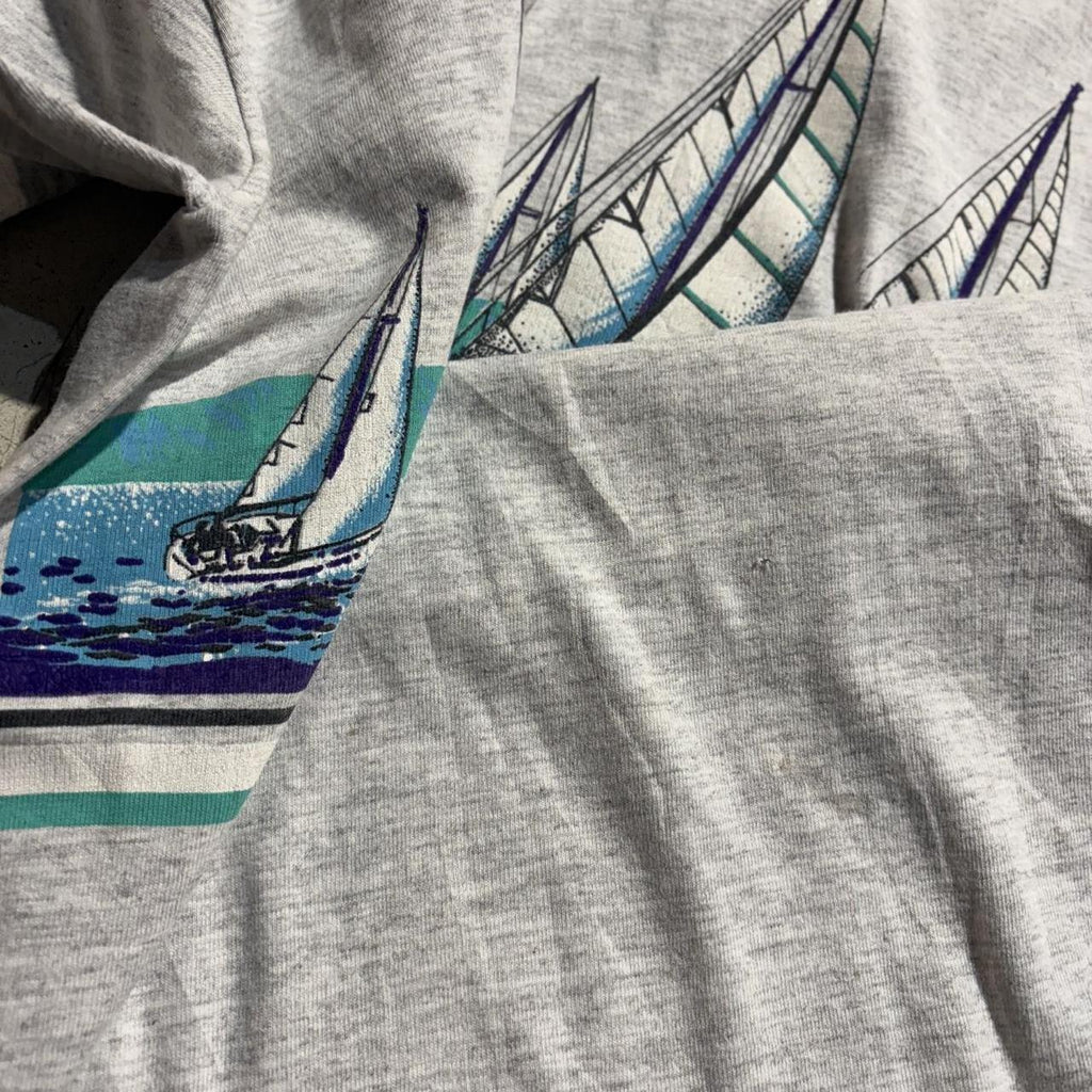 1224H01P - Vintage Retro Essential Grey Cailifornia Sailing Graphic All Over Print Single Stitch Top Tee T-shirt #90s #aop #top #boating #sailing