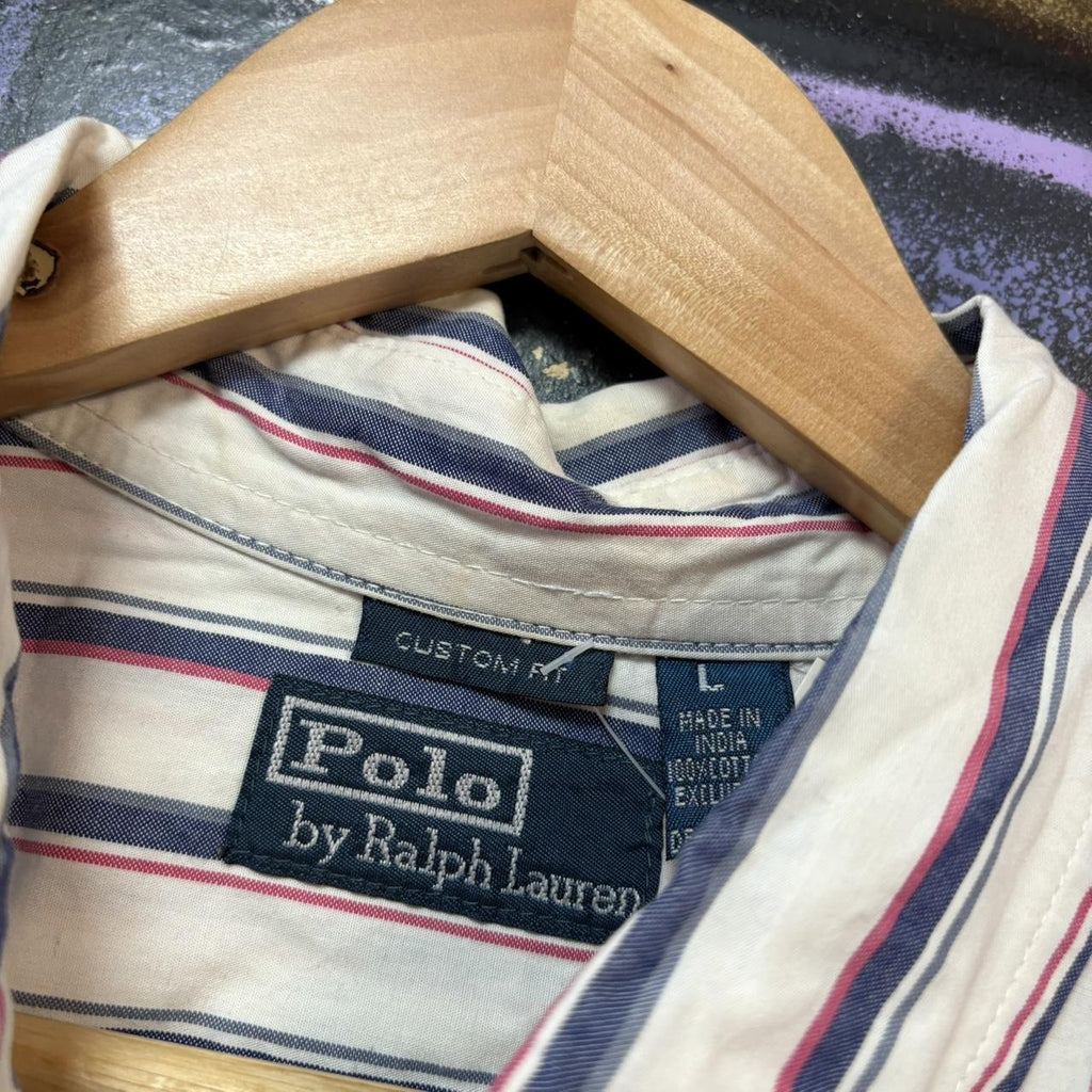 BR1912YK-U - Vintage Ralph Lauren White and Blue Striped Short Sleeve collared button up polo shirt top #Y2K #preppy #chiefkeef #smartcasual #oldmoney