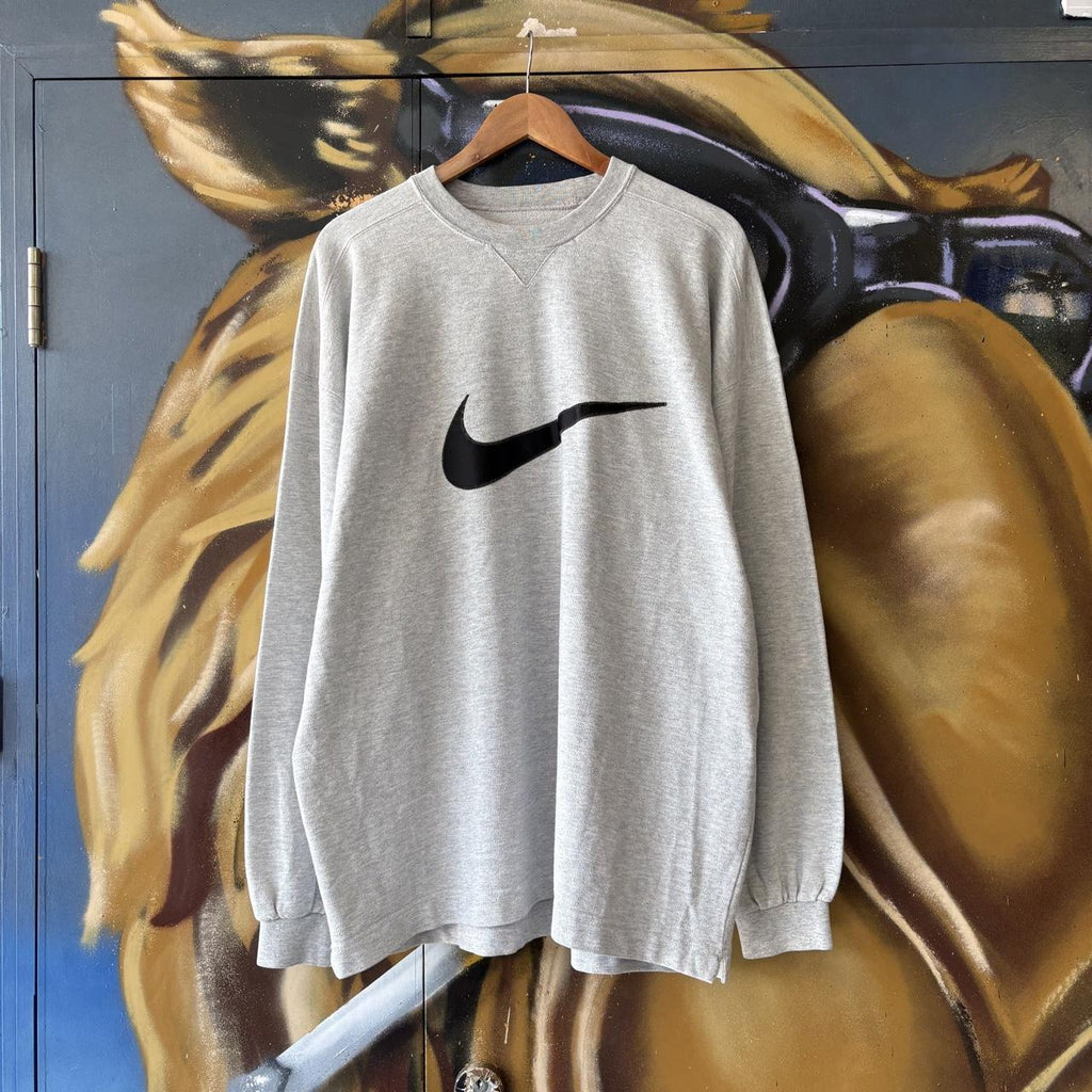 Vintage Nike Sweatshirt Mens XL Grey Big Centre Solo Swoosh Patch Baggy Pullover Jumper Top 90s Y2K 00s