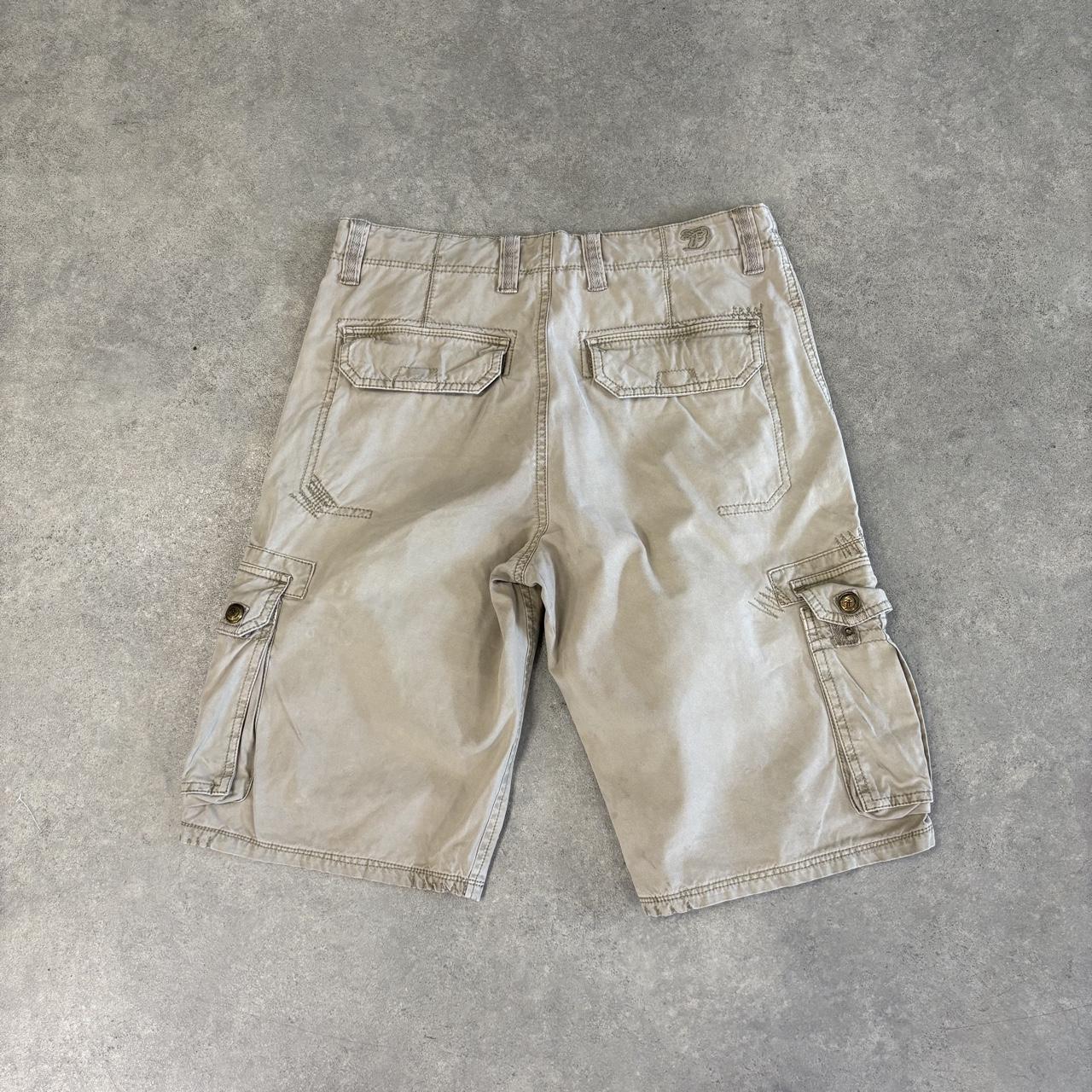 Vintage Tom Taylor Denim Jorts Mens 28” Beige Utility Cargo Shorts Multi Pockets Baggy Wide Leg Skate Surf Hip Hop 00s Y2K