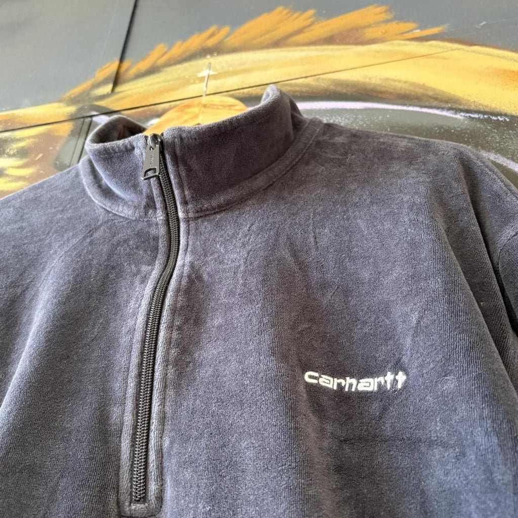 Carhartt WIP Tila Quarter Zip Jumper Blue Mens XL Velour Sweatshirt Surf Skate Top Pullover 90s Y2K