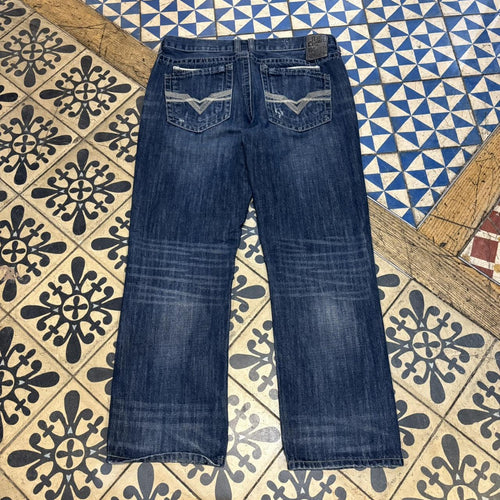 0325C95UF - Vintage retro essential Axe & Crow Dark Blue Wash Denim Jeans Trousers pants with embroidered pattern stitched detailing #denim #slimfit #axe&crow #embroidered #y2k