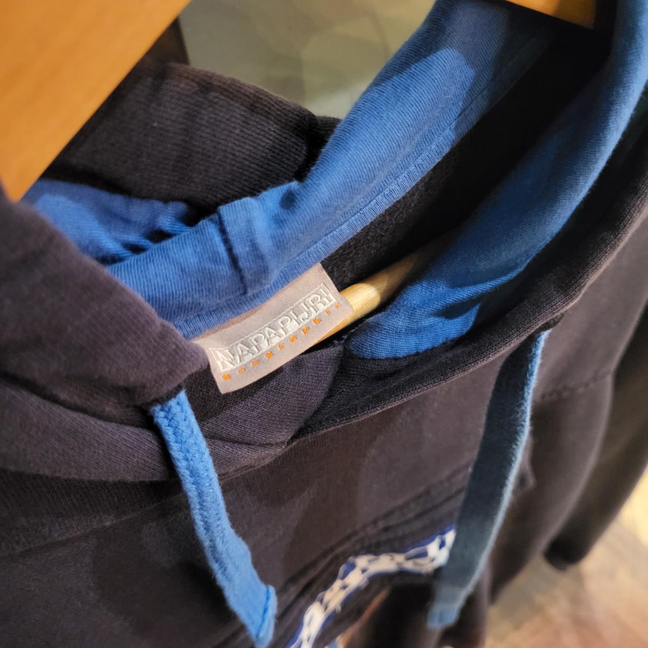 SWT290 - Vintage Retro Essential adult Napapijiri Navy Hoodie sweatshirt jumper crewneck with embroided chest logo and zip pouch #napapijri #expedition #hike #casual