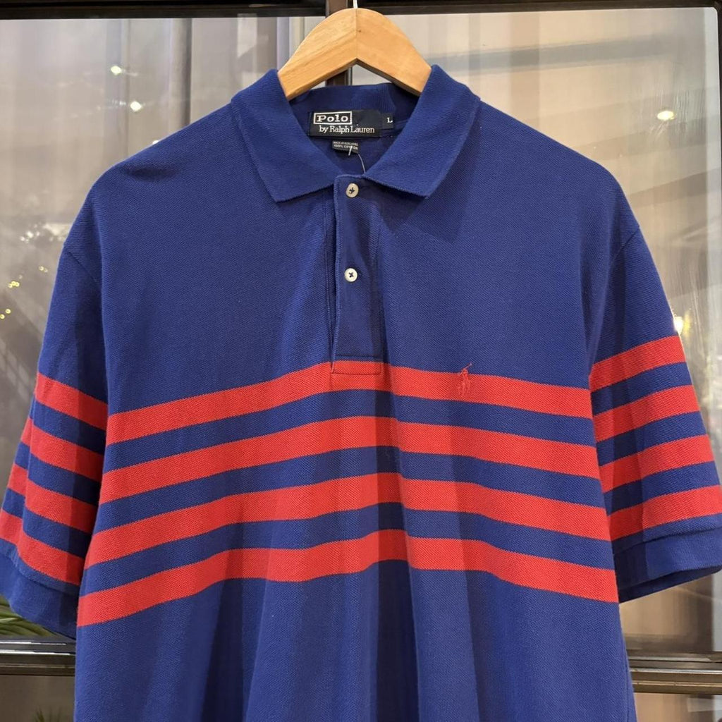 POL596-P - Vintage Retro Ralph Lauren Blue and Red Striped Polo Shirt Short Sleeve collared button up top  #Y2K #preppy #chiefkeef #oldmoney #ralphlauren