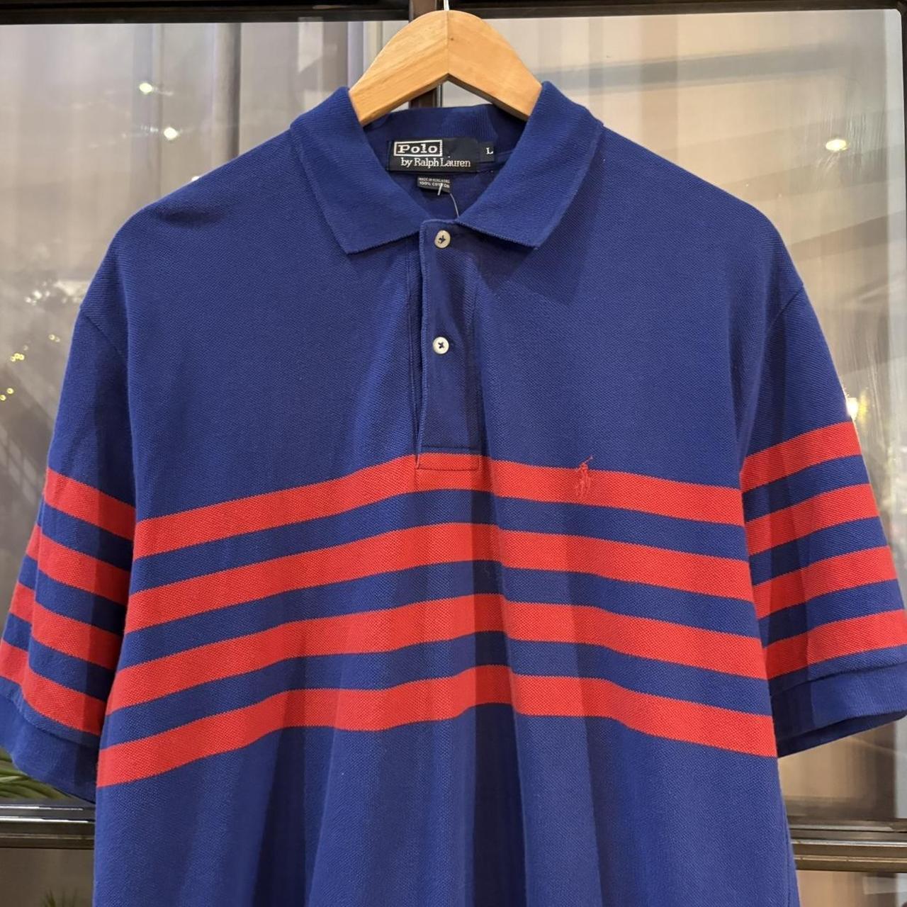 POL596-P - Vintage Retro Ralph Lauren Blue and Red Striped Polo Shirt Short Sleeve collared button up top  #Y2K #preppy #chiefkeef #oldmoney #ralphlauren