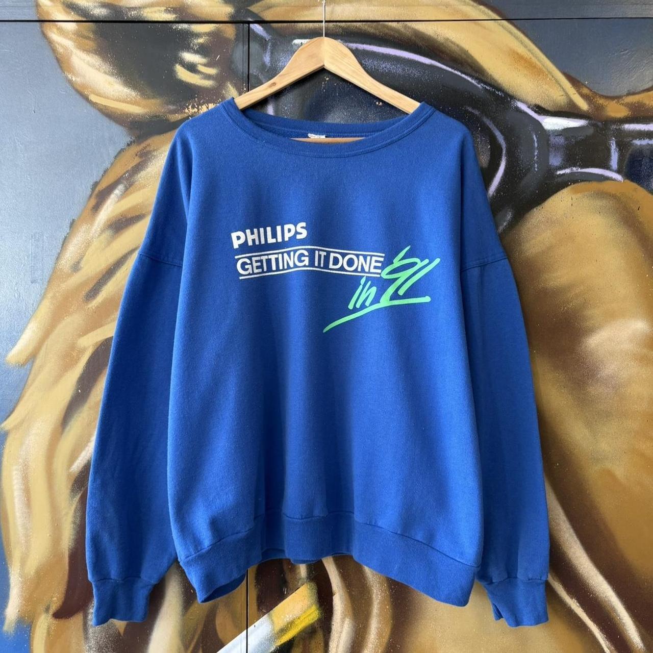 Vintage Phillips 1991 Jumper Blue Mens XL Graphic Print Tech Promo Advertising Sweatshirt Top 90s