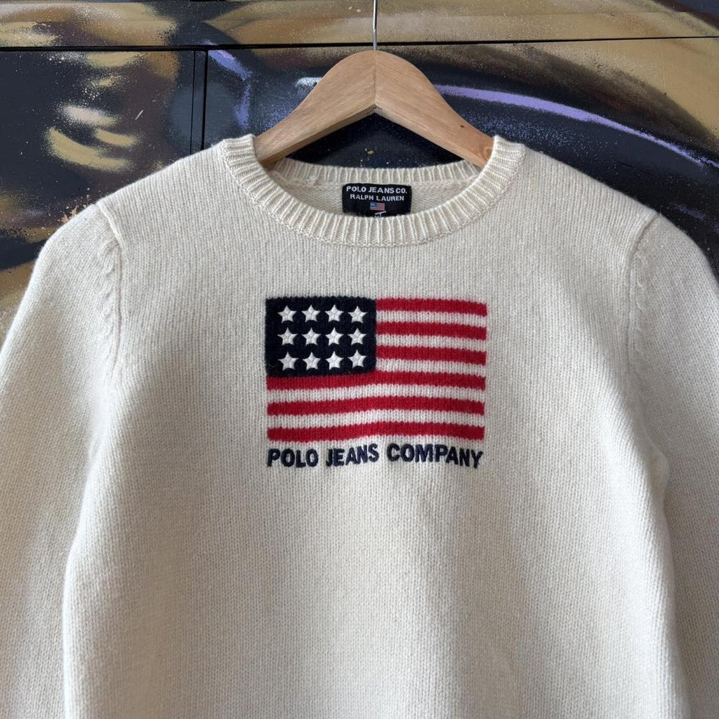 Vintage Polo Ralph Lauren Jumper Womens Medium Cream Lambswool Knit Top Big Flag USA Preppy 90s Y2K
