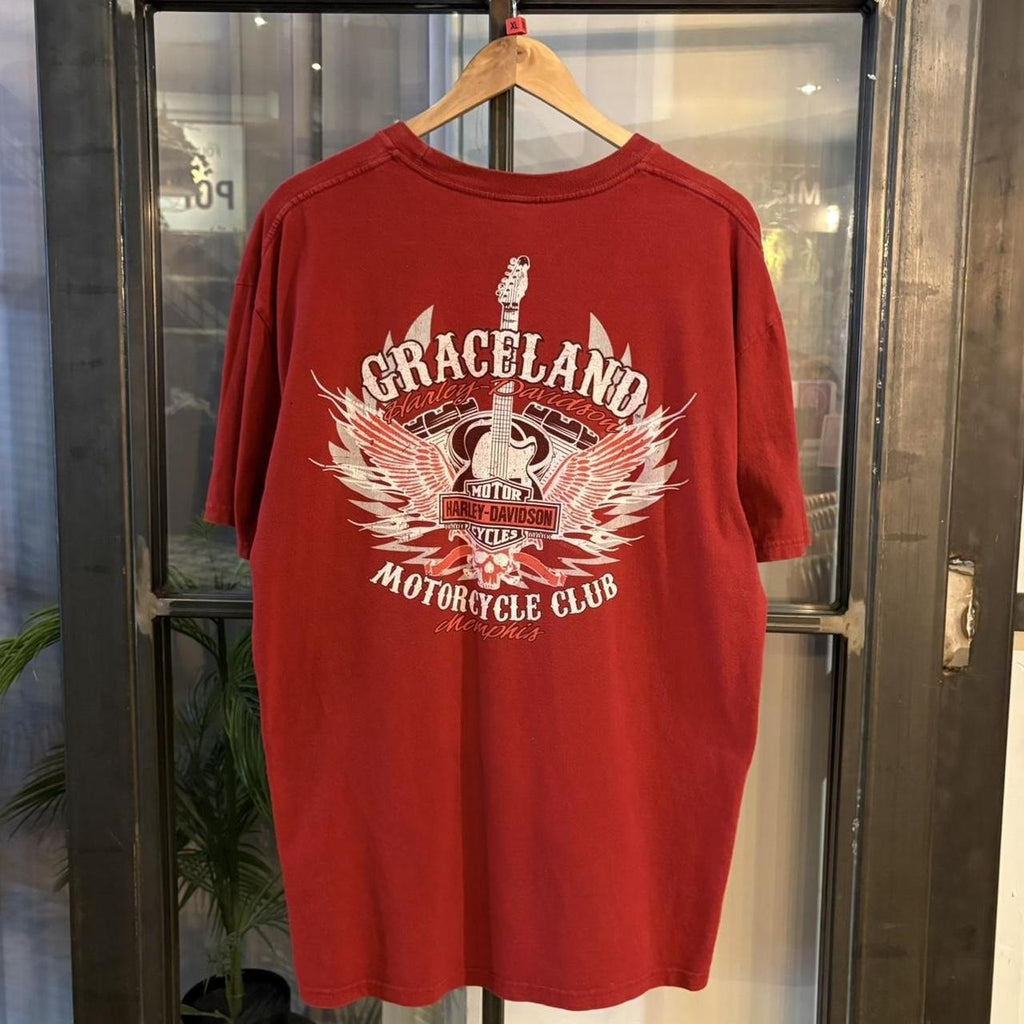 BR2401BM-P - Vintage Retro Essential Burgundy Red Harley Davidson Graceland, Memphis Graphic Print Top Tee T-shirt #graphic #motorcycles #biker #harley #harleydavidson