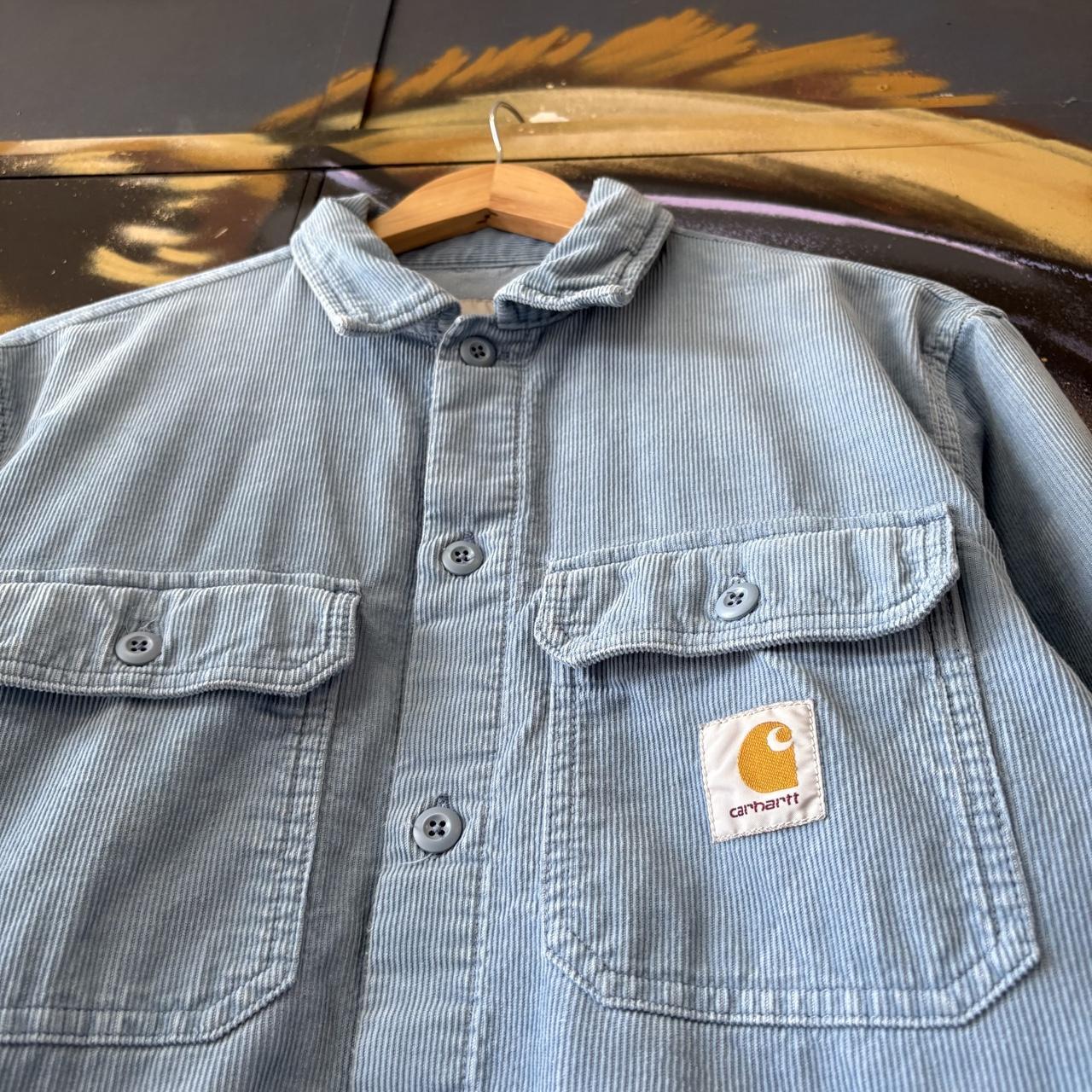 Carhartt WIP Shirt Mens Small Light Blue Dixon Double Pocket Corduroy Collared Button Up Top Y2K 90s