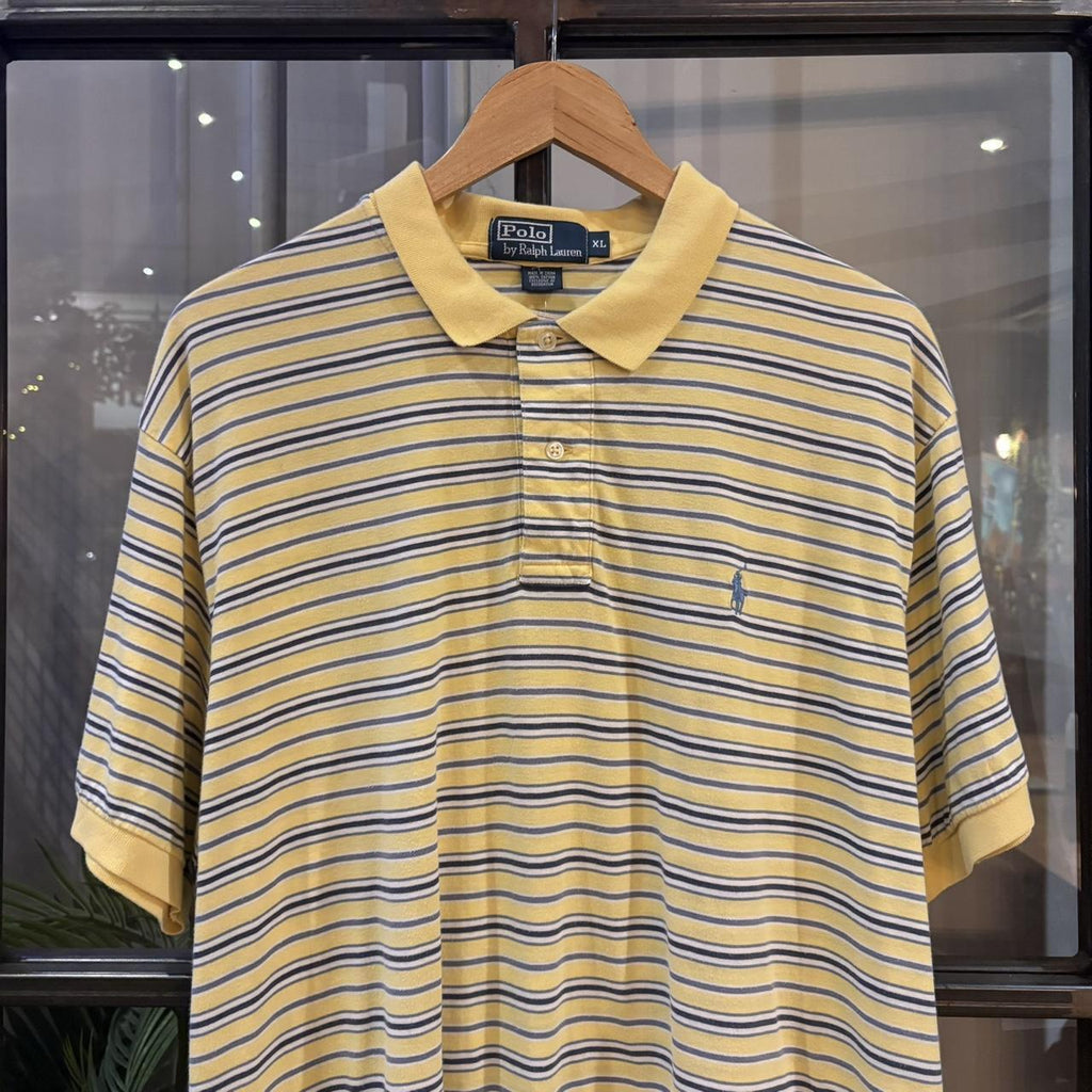 Vintage Retro Ralph Lauren Butter Pale Yellow and Light Blue Striped Polo Shirt Short Sleeve collared button up top  #Y2K #preppy #chiefkeef #oldmoney #ralphlauren