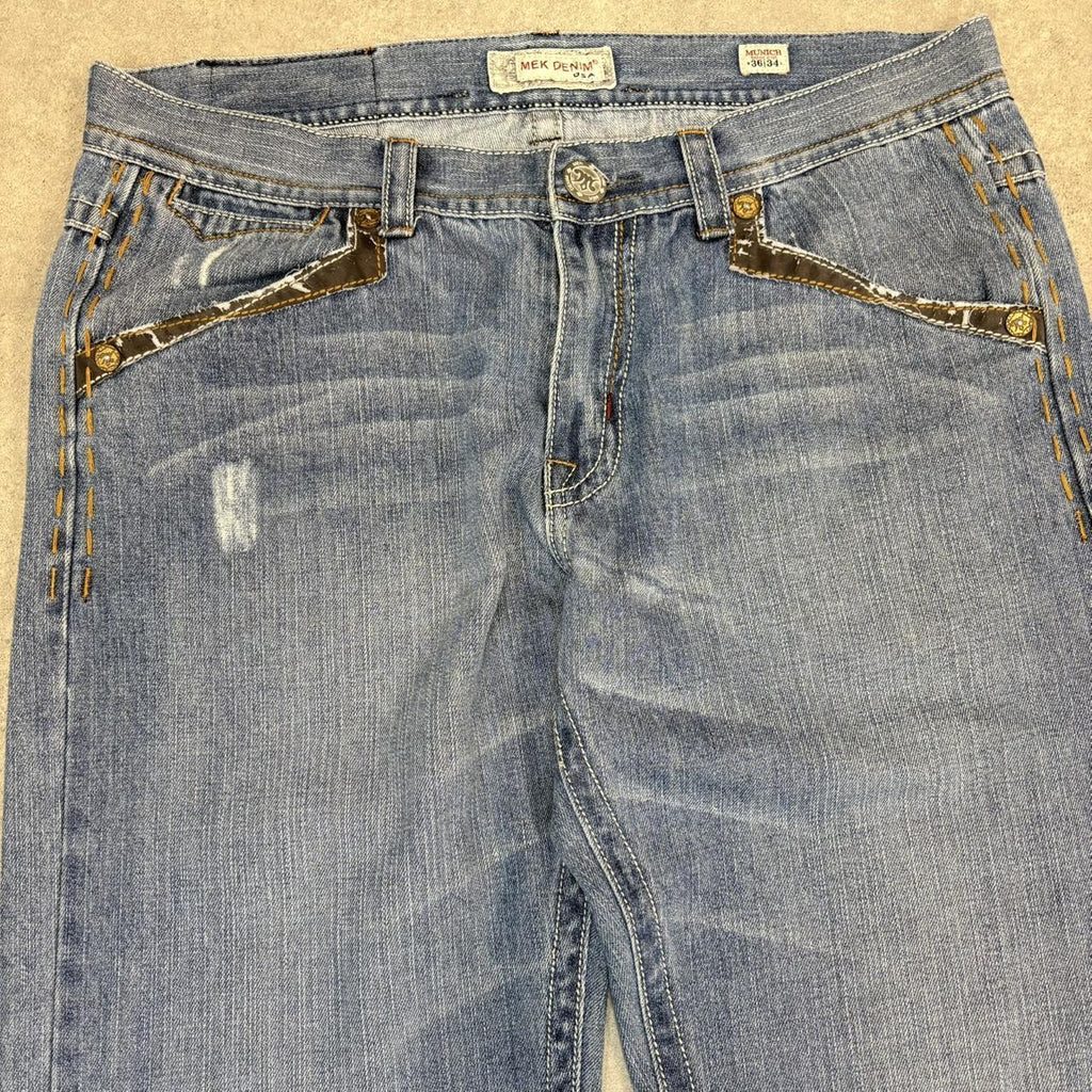 BR1209CB-U - Vintage retro essential  Mek Denim USA Blue Wash Denim Jeans Trousers pants with y2k embroidered detailing #denim #usa #jeans #y2k #embroidered