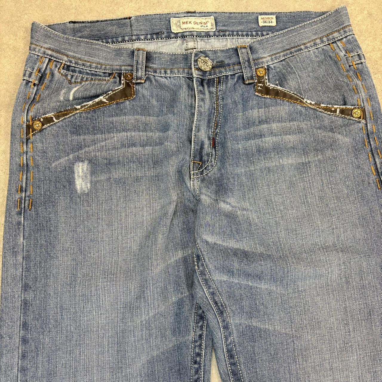 BR1209CB-U - Vintage retro essential  Mek Denim USA Blue Wash Denim Jeans Trousers pants with y2k embroidered detailing #denim #usa #jeans #y2k #embroidered