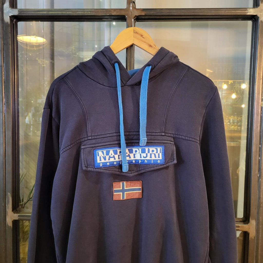 SWT290 - Vintage Retro Essential adult Napapijiri Navy Hoodie sweatshirt jumper crewneck with embroided chest logo and zip pouch #napapijri #expedition #hike #casual