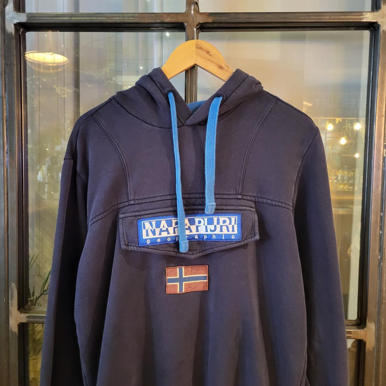 SWT290 - Vintage Retro Essential adult Napapijiri Navy Hoodie sweatshirt jumper crewneck with embroided chest logo and zip pouch #napapijri #expedition #hike #casual