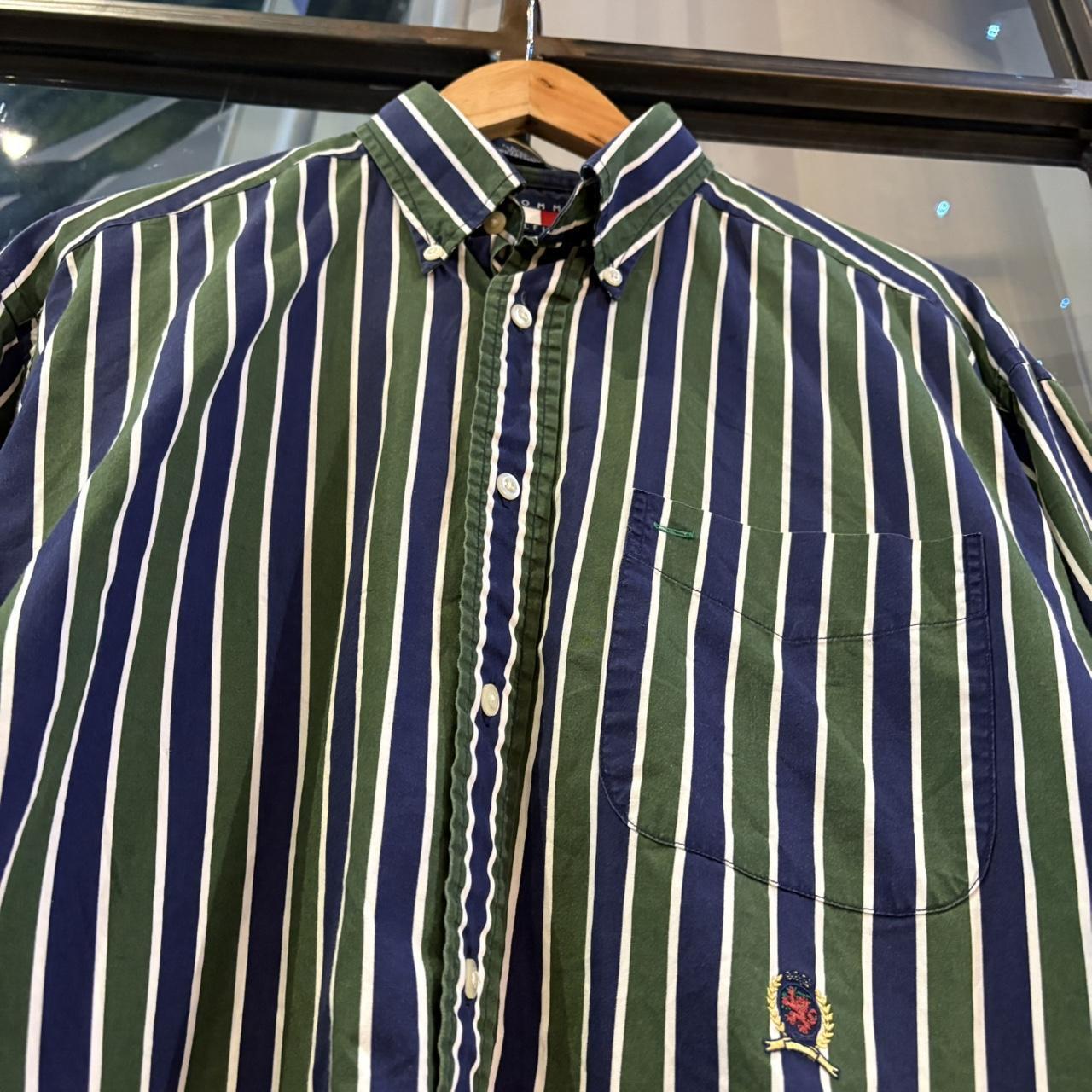POL704-F - Vintage Ralph Lauren Dark Green and Navy Striped Longsleeve collared button up polo shirt top #Y2K #preppy #chiefkeef #smartcasual #oldmoney