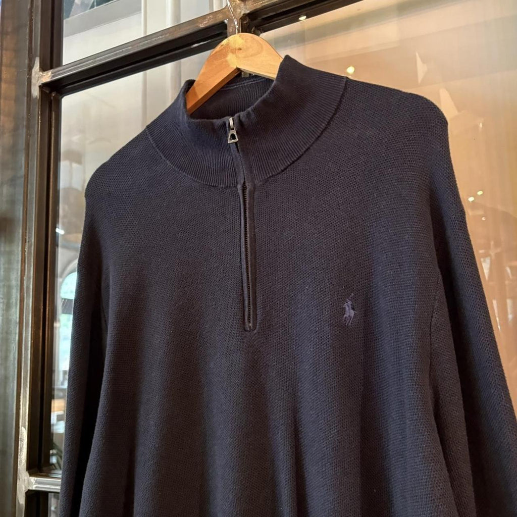 0125D76F - Vintage Retro Essential Navy Polo Ralph Lauren 1/4 Zip Fleece Jumper Sweatshirt with embroidered logo #y2k #pimacotton #poloralphlauren #oldmoney #preppy