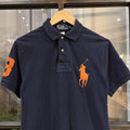 MES2811BT-F - Vintage Retro Ralph Lauren Navy Polo Shirt Short Sleeve collared button up top with Orange embroidered big logo and number 3  #Y2K #preppy #chiefkeef #oldmoney #ralphlauren